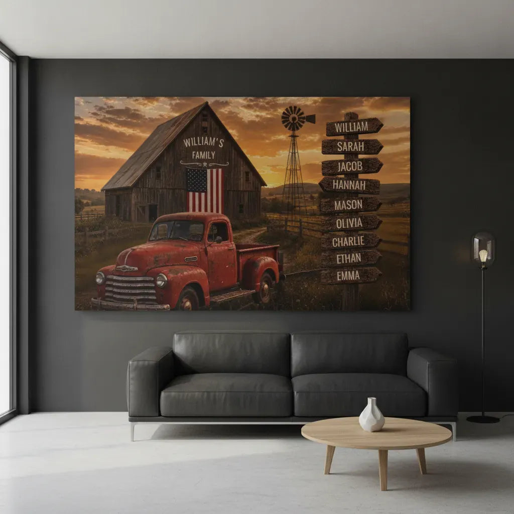 Personalized Family Barn Canvas with Vintage Truck & Custom Name Signpost – Rustic Farmhouse Wall Art wall art
