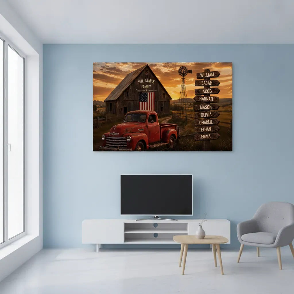 Personalized Family Barn Canvas with Vintage Truck & Custom Name Signpost – Rustic Farmhouse Wall Art wall art