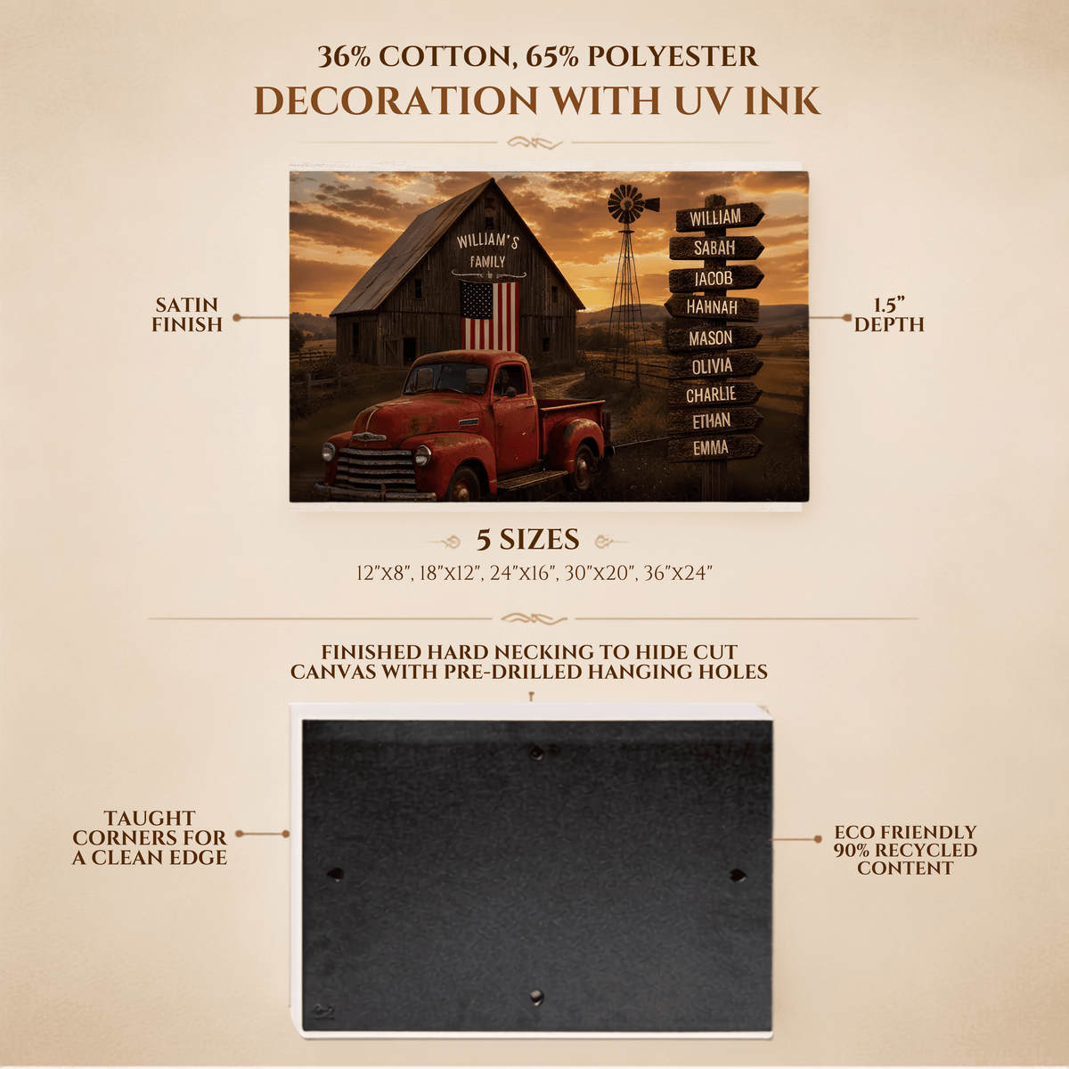 Personalized Family Barn Canvas with Vintage Truck & Custom Name Signpost – Rustic Farmhouse Wall Art wall art