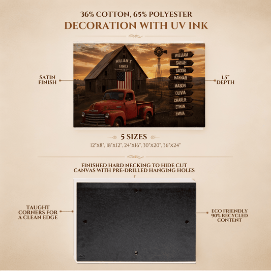 Personalized Family Barn Canvas with Vintage Truck & Custom Name Signpost – Rustic Farmhouse Wall Art wall art