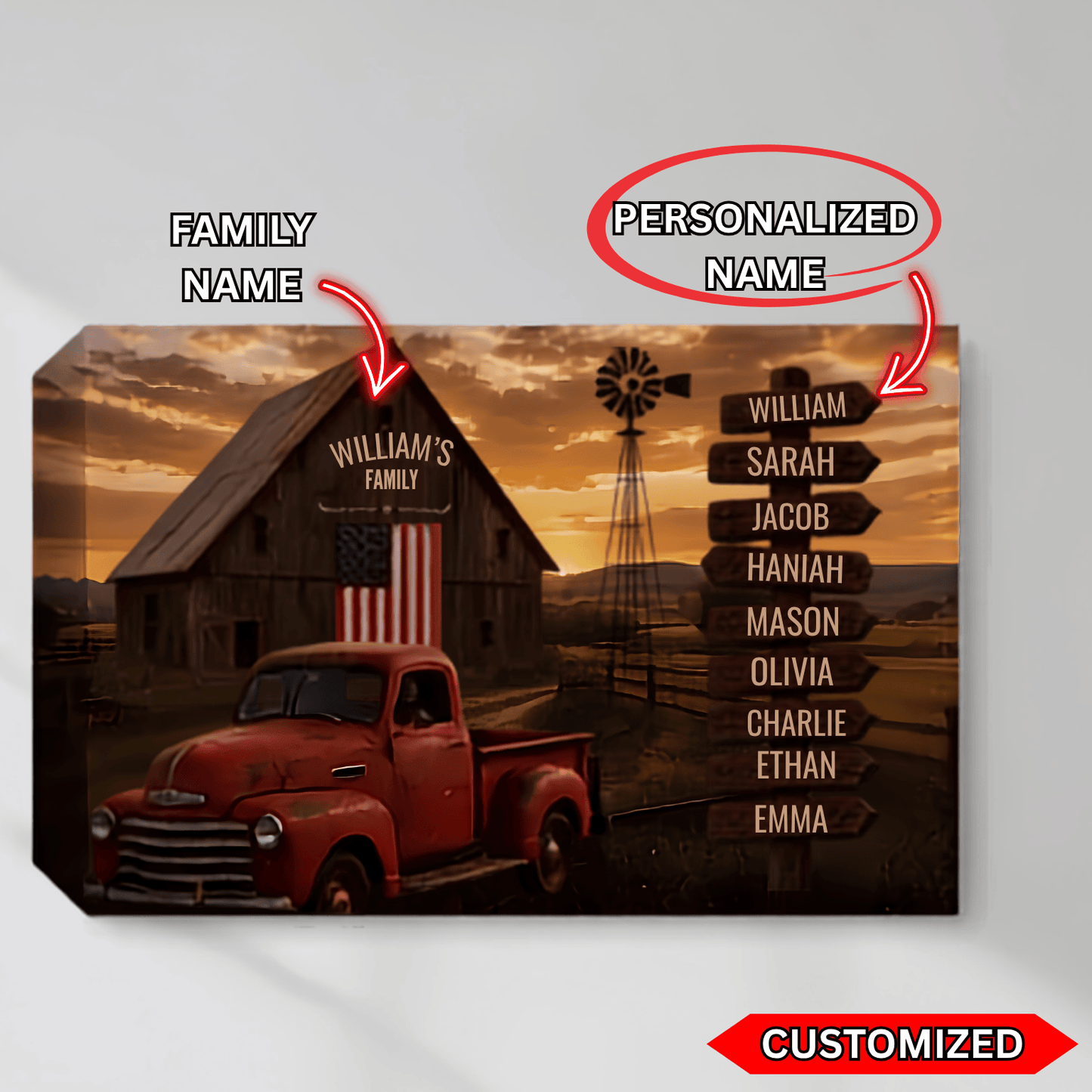 Personalized Family Barn Canvas with Vintage Truck & Custom Name Signpost – Rustic Farmhouse Wall Art wall art