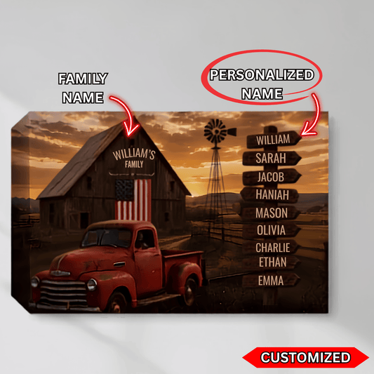 Personalized Family Barn Canvas with Vintage Truck & Custom Name Signpost – Rustic Farmhouse Wall Art wall art
