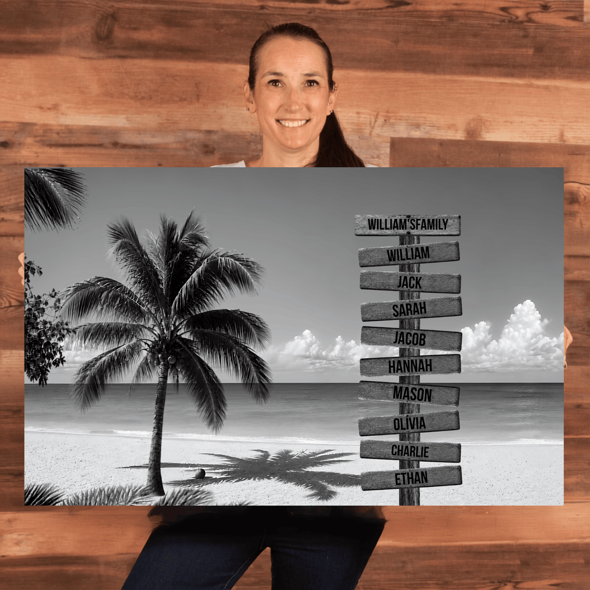 Personalized Family Beach Canvas | Custom Family Name Sign Wall Art | Black & White Coastal Family Decor |Personalized Family Canvas Wall Art