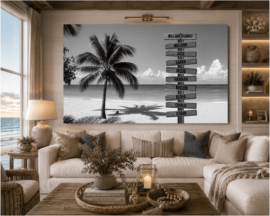 Personalized Family Beach Canvas | Custom Family Name Sign Wall Art | Black & White Coastal Family Decor |Personalized Family Canvas Wall Art