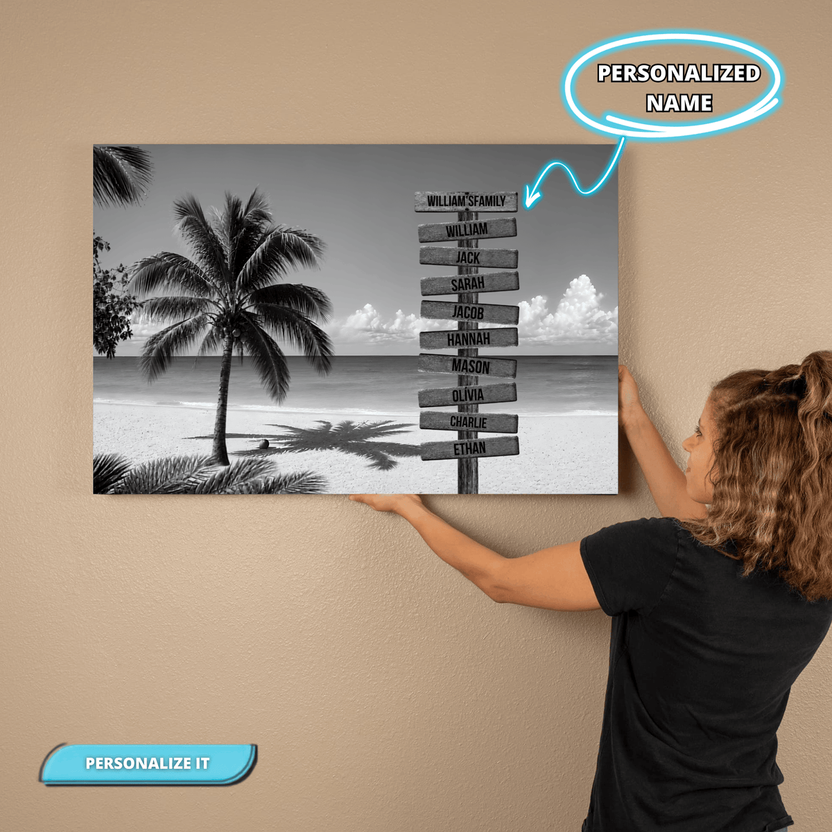 Personalized Family Beach Canvas | Custom Family Name Sign Wall Art | Black & White Coastal Family Decor |Personalized Family Canvas Wall Art