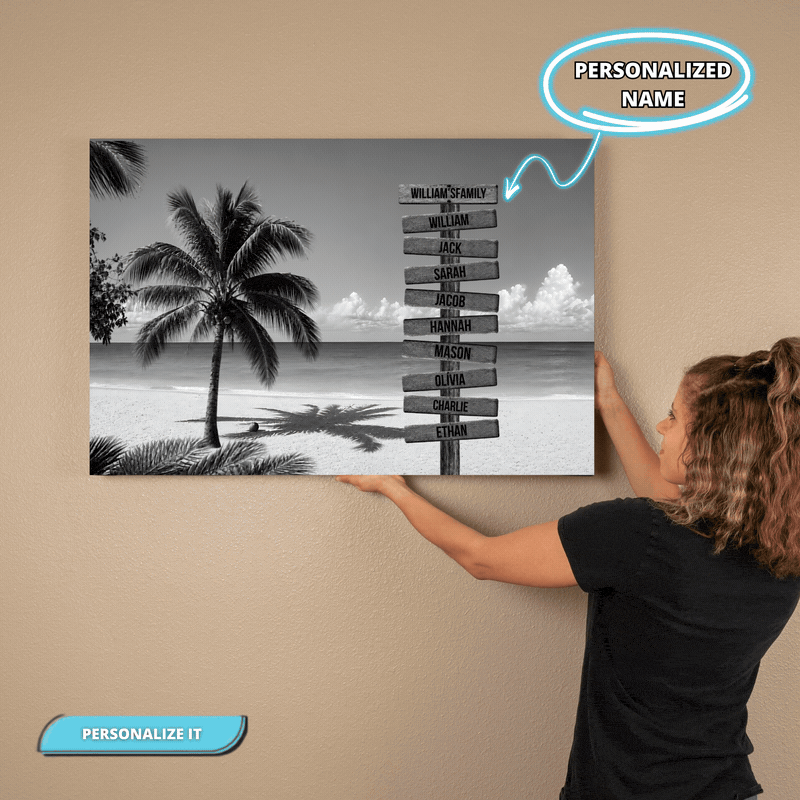 Personalized Family Beach Canvas | Custom Family Name Sign Wall Art | Black & White Coastal Family Decor |Personalized Family Canvas Wall Art